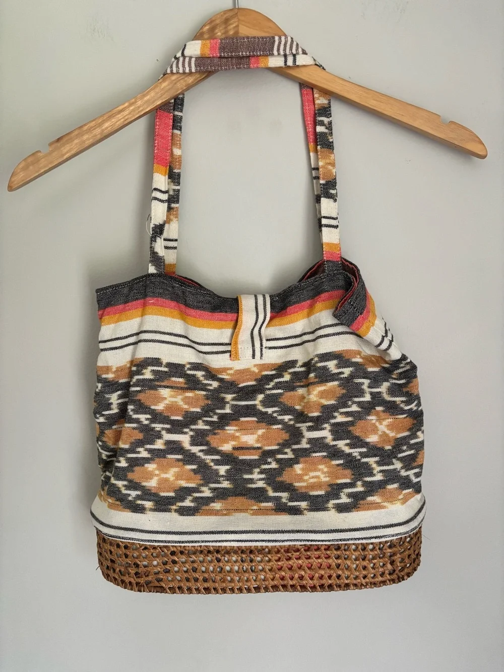Boho Woven Stripe & Aztec Tote in Cream, Mustard & Gray